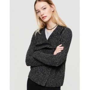 Lou & Grey Small S Gray Black Marled Knit Asymmetrical Zip Cardigan Sweater LOFT